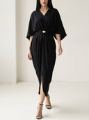 V-Neck Batwing-Sleeve Belted Midi Dress