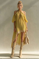 Slant-Shoulder Asymmetrical Hem Midi Dress