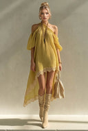 Slant-Shoulder Asymmetrical Hem Midi Dress