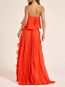 Elegant Strapless Pleated Ruffled Chiffon Maxi Dress