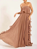 Elegant Strapless Pleated Ruffled Chiffon Maxi Dress