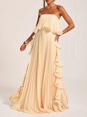 Elegant Strapless Pleated Ruffled Chiffon Maxi Dress