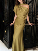 Elegant Asymmetrical One-Shoulder Satin Dress
