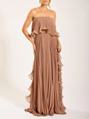 Elegant Strapless Pleated Ruffled Chiffon Maxi Dress