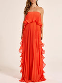 Elegant Strapless Pleated Ruffled Chiffon Maxi Dress