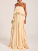 Elegant Strapless Pleated Ruffled Chiffon Maxi Dress