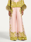 Exquisite Floral Feather Trim Crop Top & Wide Leg Pants Two-Piece Set