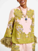Exquisite Floral Feather Trim Crop Top & Wide Leg Pants Two-Piece Set