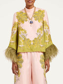 Exquisite Floral Feather Trim Crop Top & Wide Leg Pants Two-Piece Set