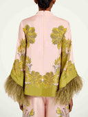Exquisite Floral Feather Trim Crop Top & Wide Leg Pants Two-Piece Set