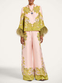 Exquisite Floral Feather Trim Crop Top & Wide Leg Pants Two-Piece Set