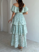 Exquisite Off-Shoulder Ruffle Belted Tiered Floral Lace Maxi Dress