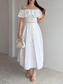 Exquisite Cutout Embroidered Off-Shoulder Ruffle Two-Piece Crop Set