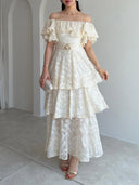 Exquisite Off-Shoulder Ruffle Belted Tiered Floral Lace Maxi Dress