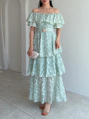 Exquisite Off-Shoulder Ruffle Belted Tiered Floral Lace Maxi Dress