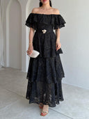Exquisite Off-Shoulder Ruffle Belted Tiered Floral Lace Maxi Dress