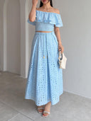 Exquisite Cutout Embroidered Off-Shoulder Ruffle Two-Piece Crop Set