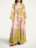Elegant Retro Print Satin Tie-Waist Maxi Dress