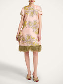 Elegant Printed Feather-Trim Fringe Hem Satin Mini Dress