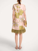 Elegant Printed Feather-Trim Fringe Hem Satin Mini Dress