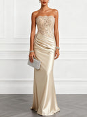 Elegant Floral Lace Strapless Satin Maxi Dress