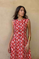 Fly-Sleeve Color Contrast Printed Maxi Dress