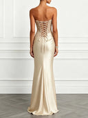 Elegant Floral Lace Strapless Satin Maxi Dress