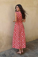 Fly-Sleeve Color Contrast Printed Maxi Dress