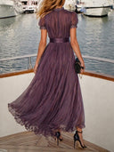 Elegant Lace Trim Pleated Chiffon Maxi Dress