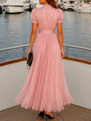 Elegant Lace Trim Pleated Chiffon Maxi Dress