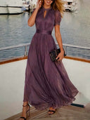 Elegant Lace Trim Pleated Chiffon Maxi Dress