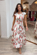 Fly-Sleeve Color Contrast Printed Maxi Dress