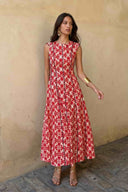 Fly-Sleeve Color Contrast Printed Maxi Dress