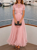 Elegant Lace Trim Pleated Chiffon Maxi Dress