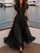 Elegant Lace Trim Pleated Chiffon Maxi Dress