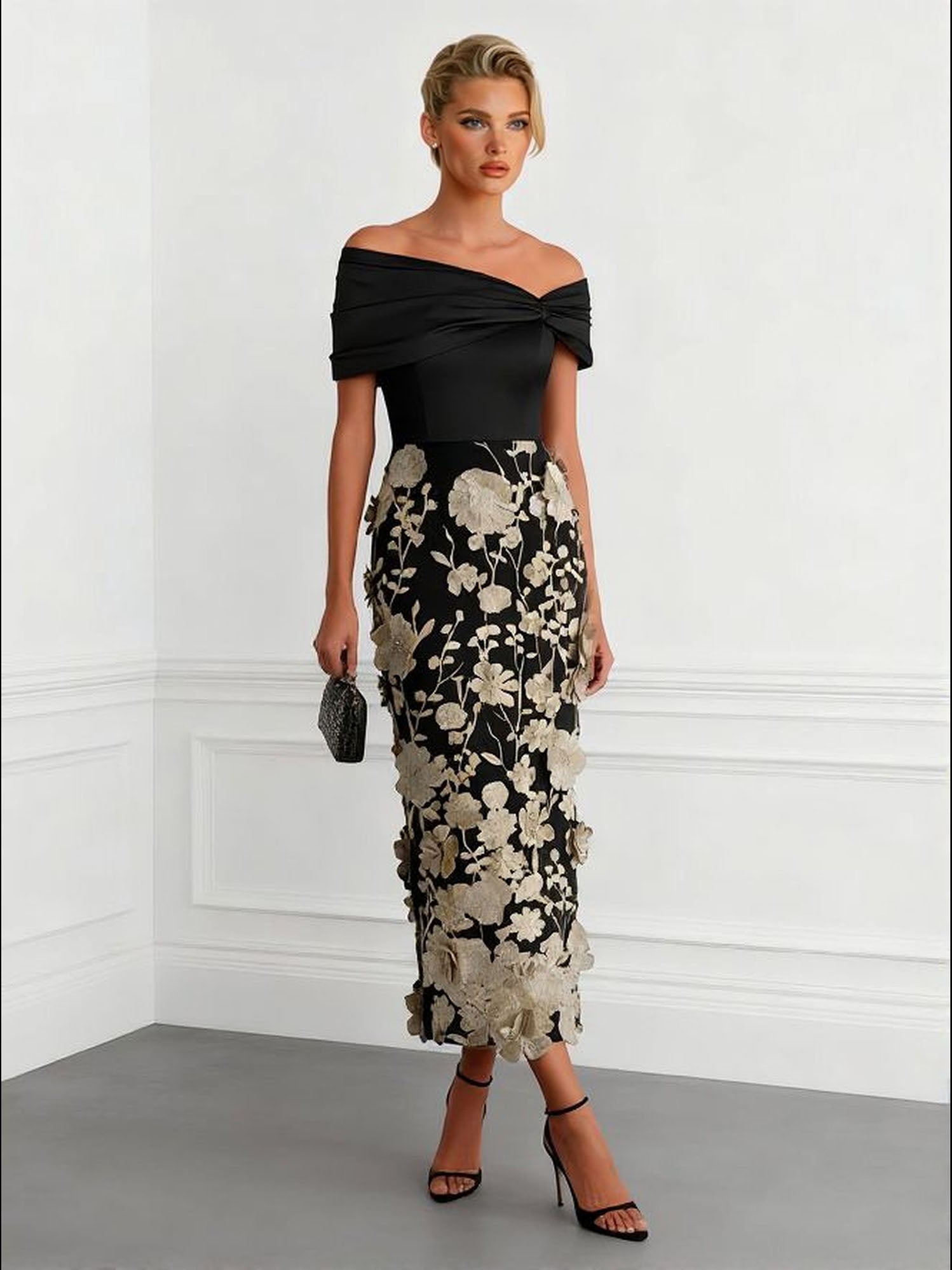 Elegant Floral Embroidered Off-Shoulder Maxi Dress