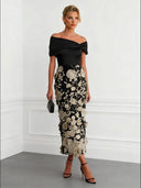 Elegant Floral Embroidered Off-Shoulder Maxi Dress