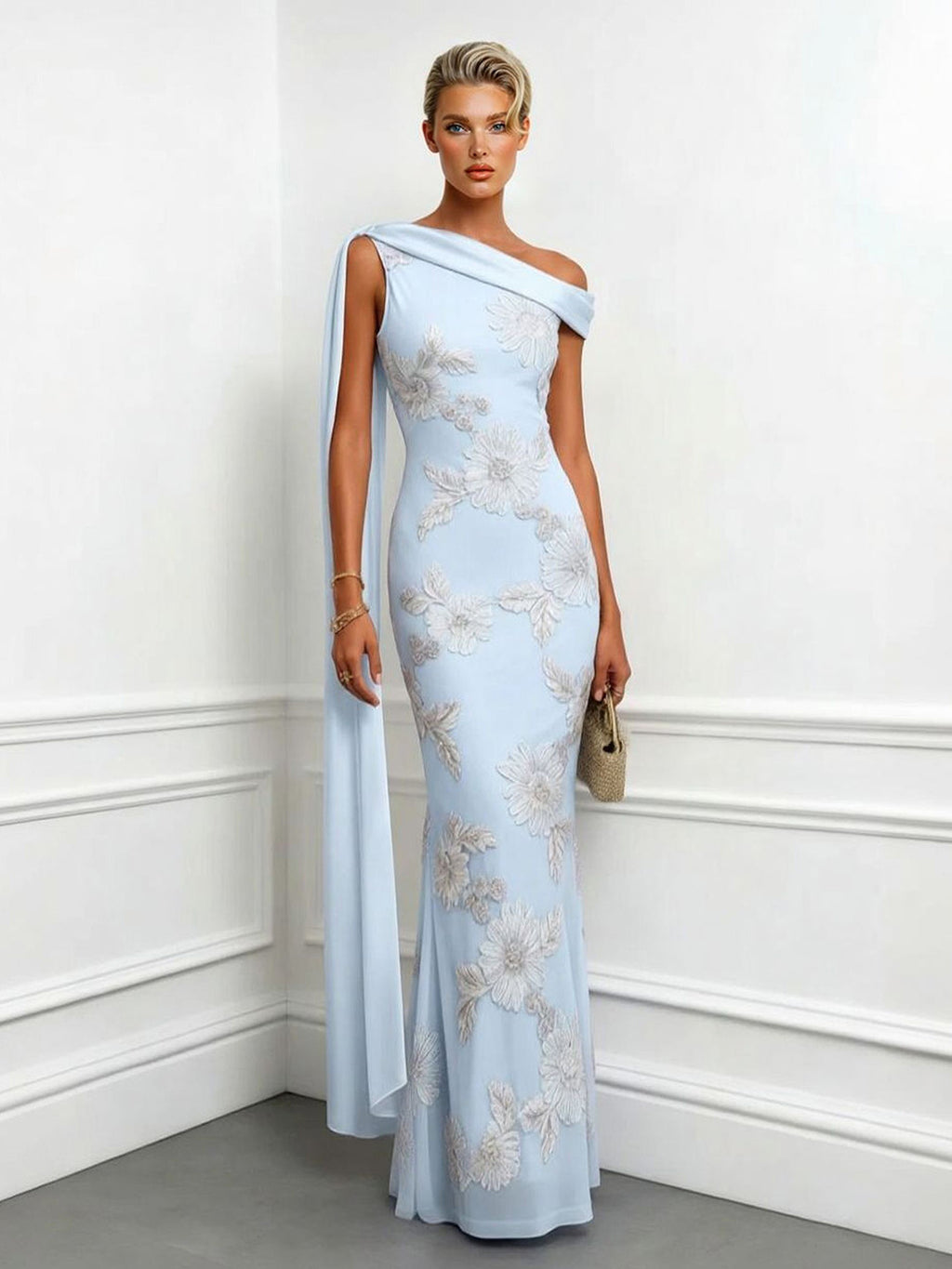 Elegant Floral Embroidered One-Shoulder Maxi Dress