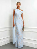 Elegant Floral Embroidered One-Shoulder Maxi Dress