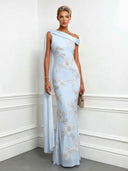 Elegant Floral Embroidered One-Shoulder Maxi Dress