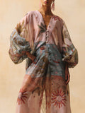Retro Tropical Ship Print Sheer Chiffon Blouse