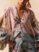 Retro Tropical Ship Print Sheer Chiffon Blouse