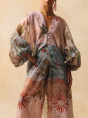 Retro Tropical Ship Print Sheer Chiffon Blouse