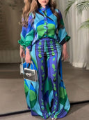 Exquisite Geometric Print Shirt & Wide-Leg Pants Two-Piece Set