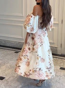 Elegant Floral Print Off-Shoulder Puff Sleeve Midi Dress