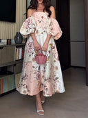 Elegant Floral Print Off-Shoulder Puff Sleeve Midi Dress