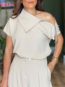 Minimalist Off-Shoulder Zip-Up Top & Pants Two-Piece Set