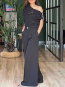 Minimalist Off-Shoulder Zip-Up Top & Pants Two-Piece Set