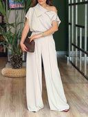 Minimalist Off-Shoulder Zip-Up Top & Pants Two-Piece Set