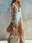 Bohemian Art Print Shirt Maxi Dress